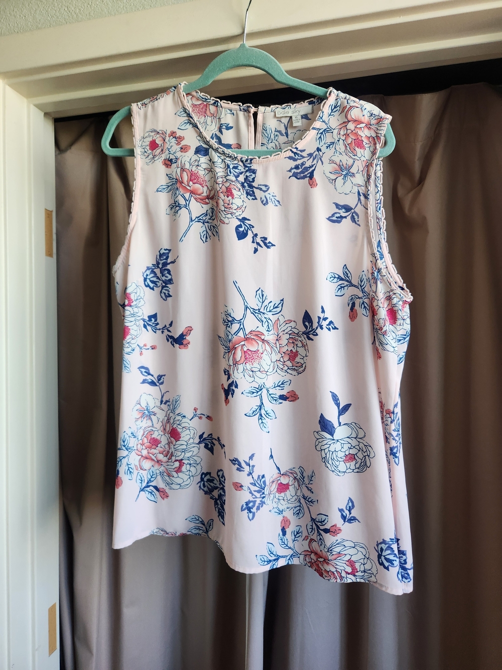 Sleeveless Floral Tank Top - Light Pink with Blue Floral Print